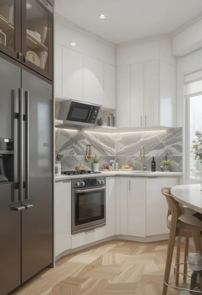 Modern small corner kitchen with white cabinets