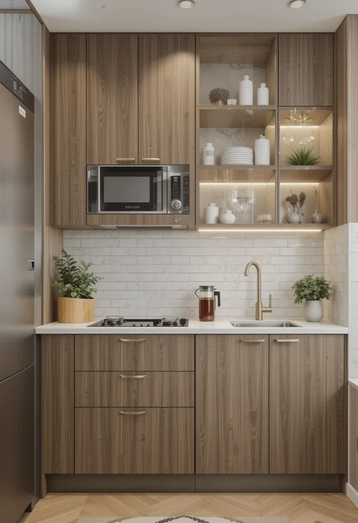 Small modern kitchen with medium wood cabinets