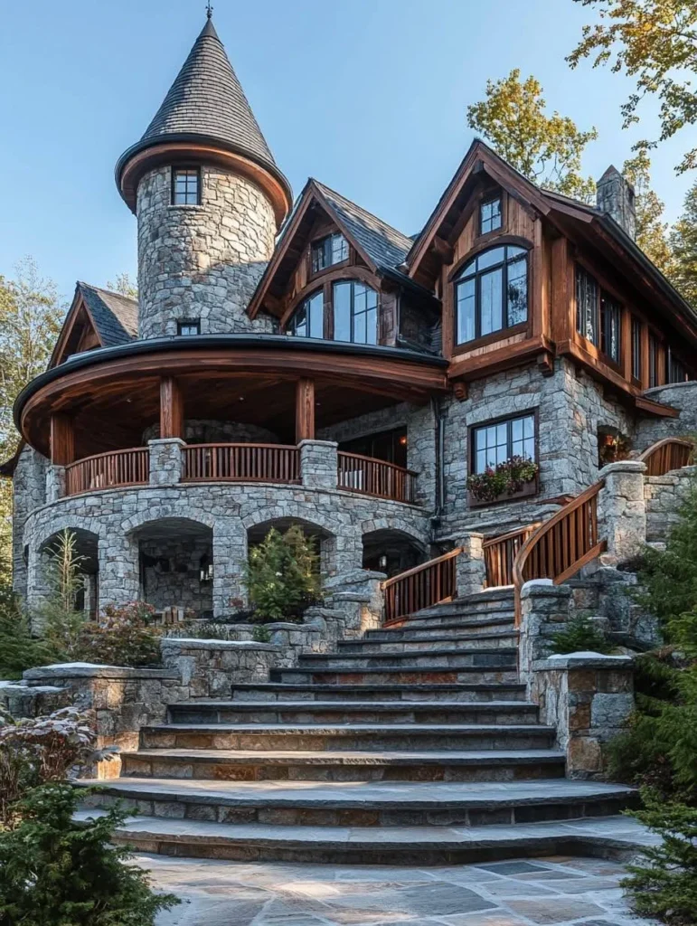 Mountain stone mansion with turret.