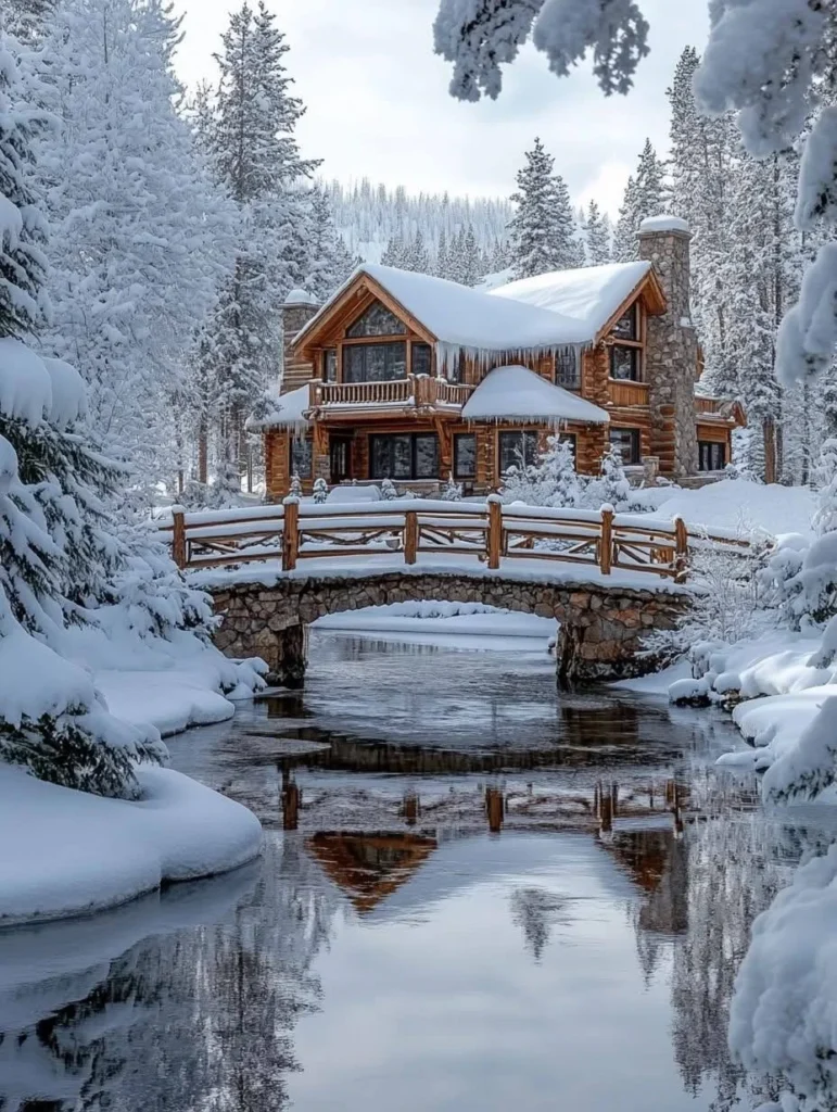 Log and stone mountain home with a stone bridge over a stream.