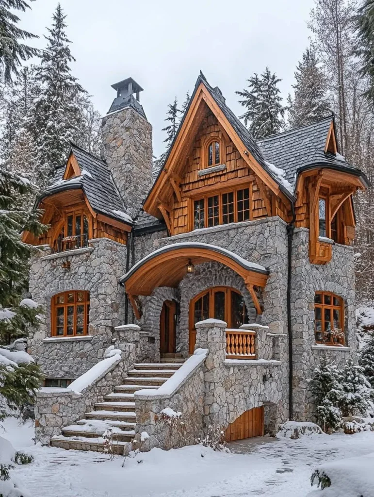 Stone mountain mansion with prominent gables and wood details.