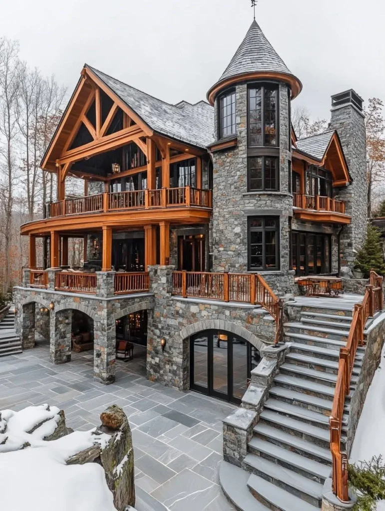 Mountain mansion with stone and exposed timber frame construction.