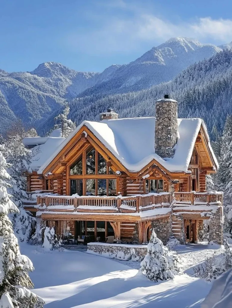 Large log cabin mountain mansion with stone accents.