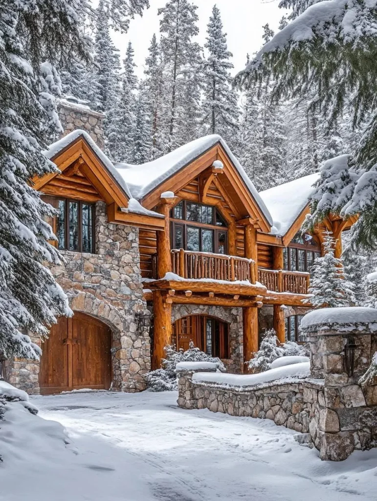 Log and stone mountain home with arched stone entry.