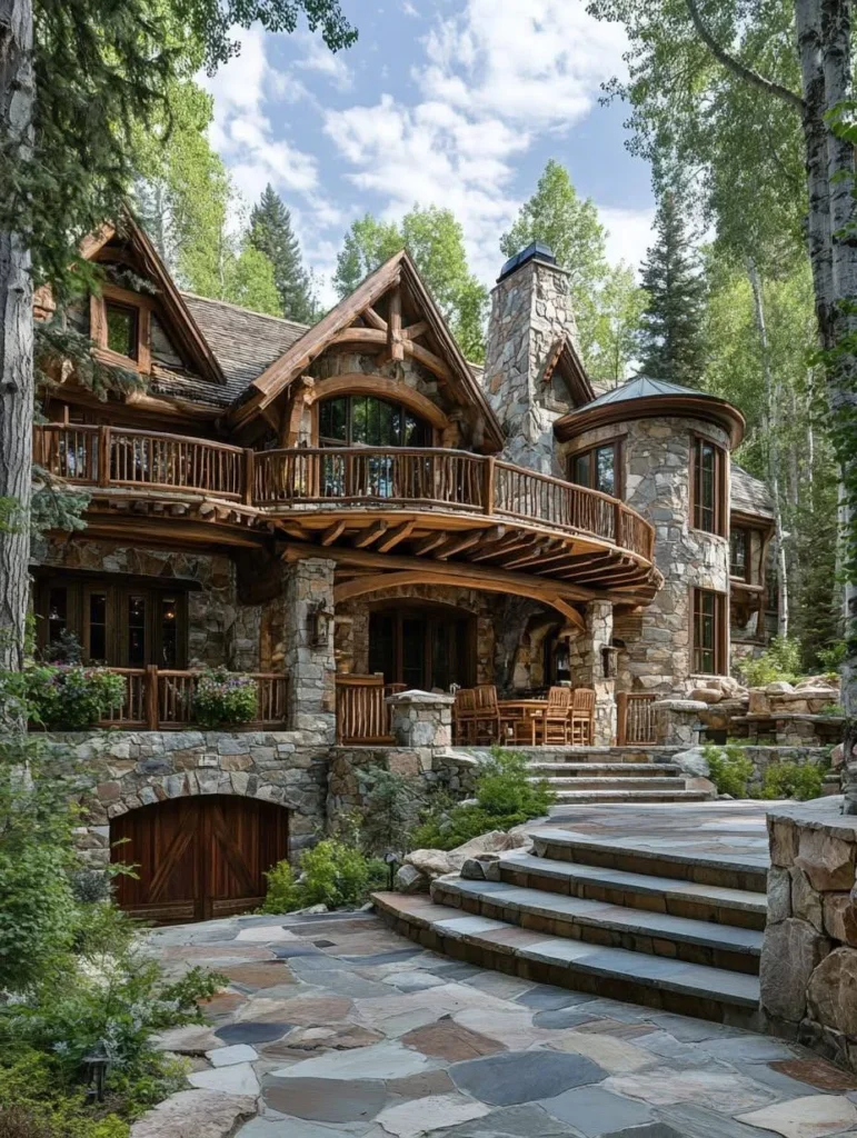 Dream House Mountain stone mansion with curved balconies.