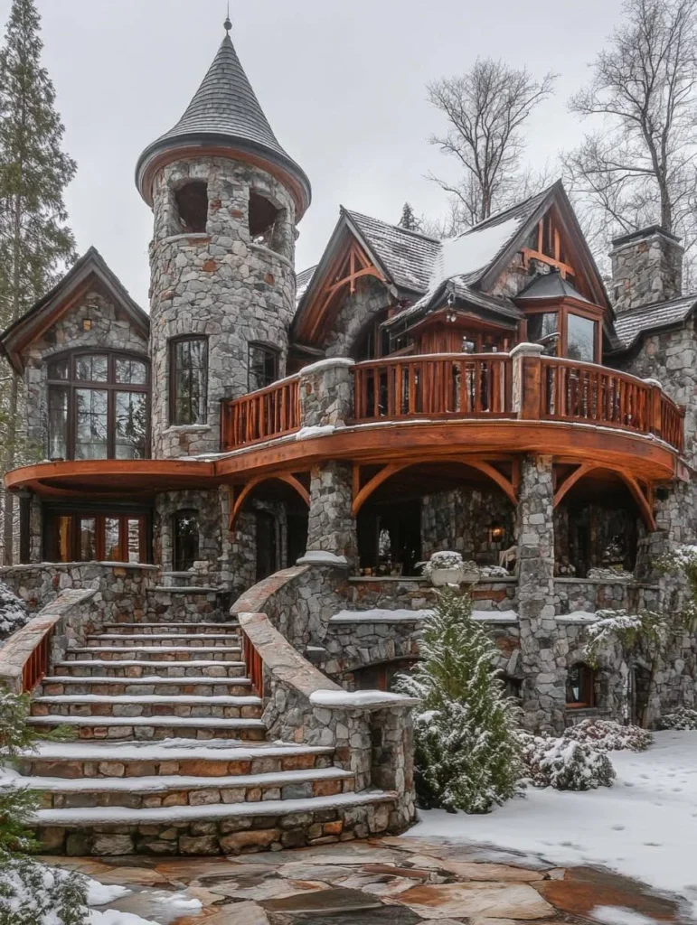 Stone mansion in winter mountain setting.