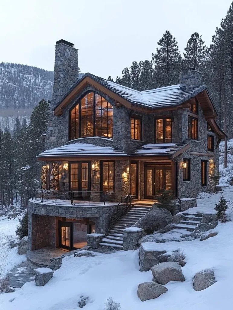 Log and stone mountain home in a snowy landscape.