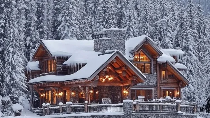 Stone mountain mansion built on a snowy slope.