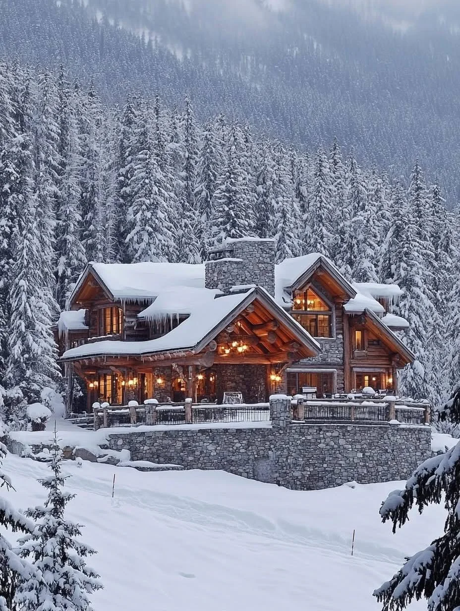 Stone mountain mansion built on a snowy slope.