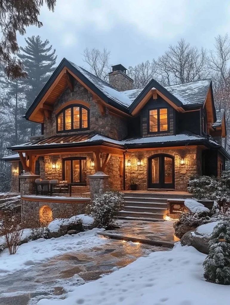 Large log cabin mountain mansion with stone wall.