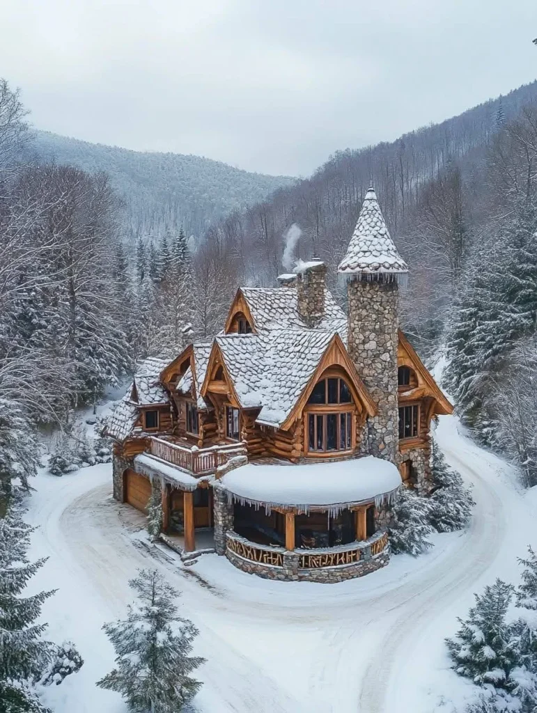 Stone and wood mountain home with warm lighting.