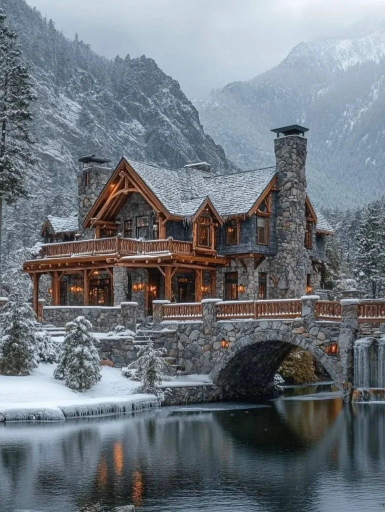 Stone mountain mansion with a stone bridge over water.