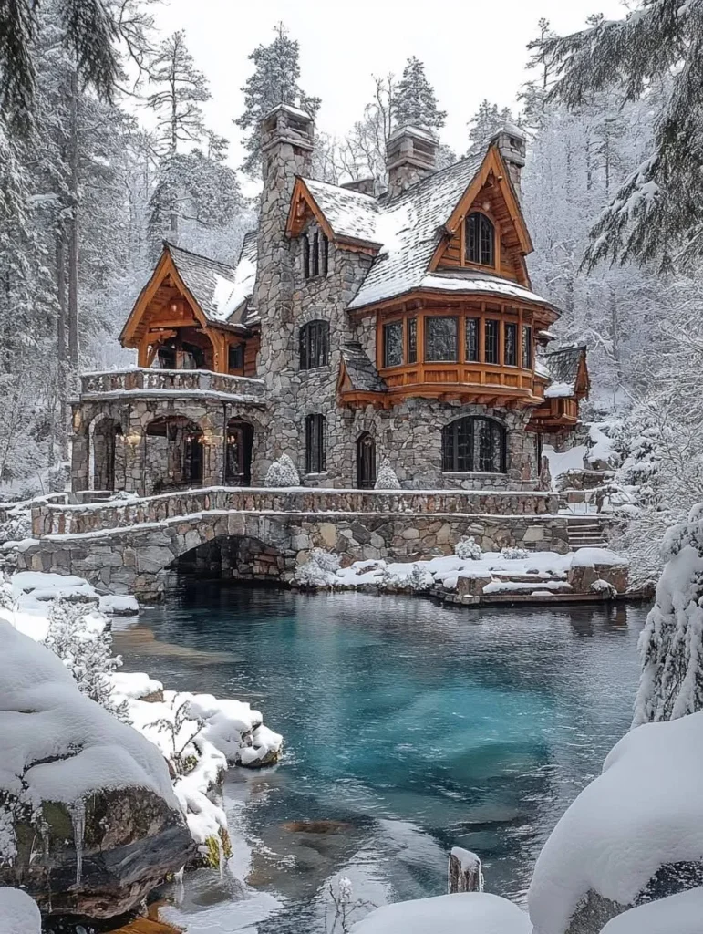 Stone mountain mansion with multiple bridges and levels in snow.