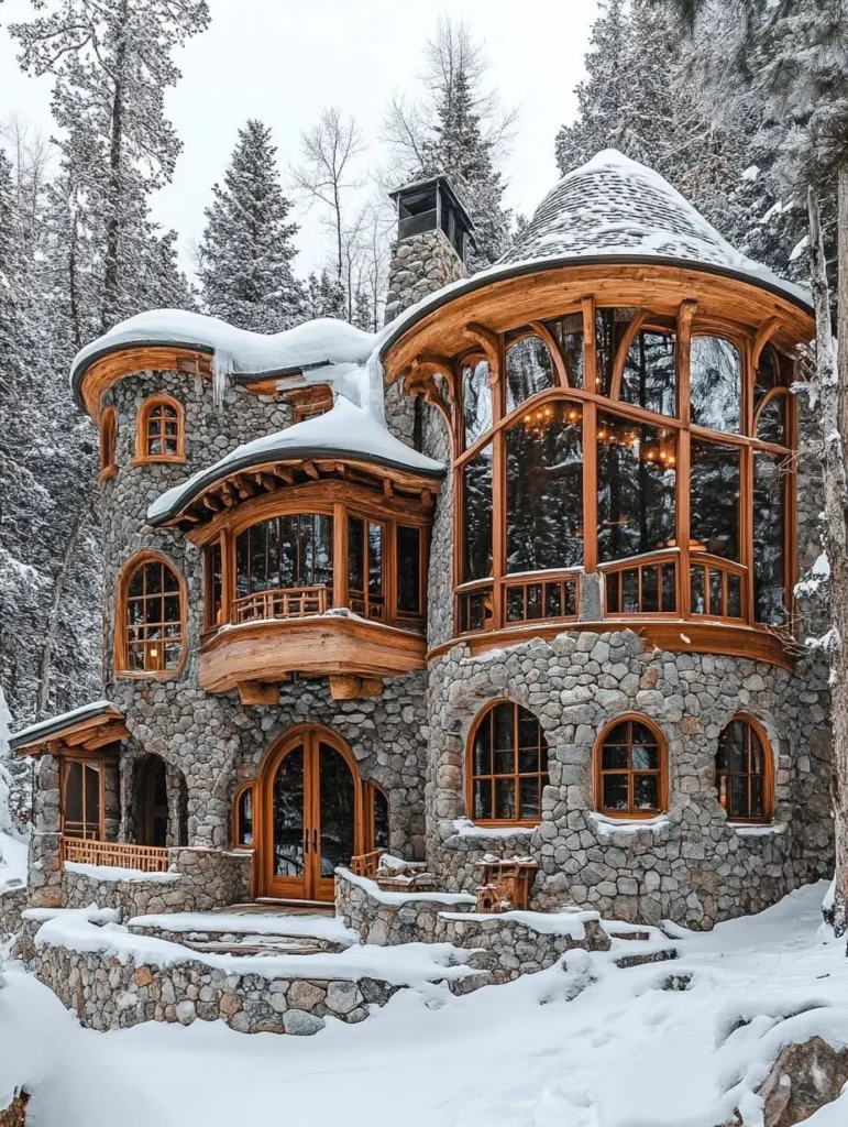 Mountain stone mansion with curved glass walls.