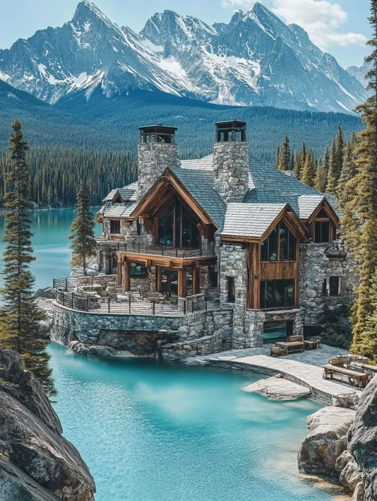 Mountain stone mansion on a lake.