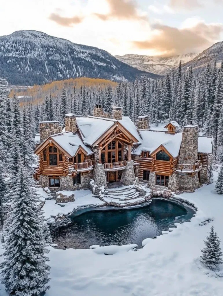 Luxury log and stone mountain home with pool.