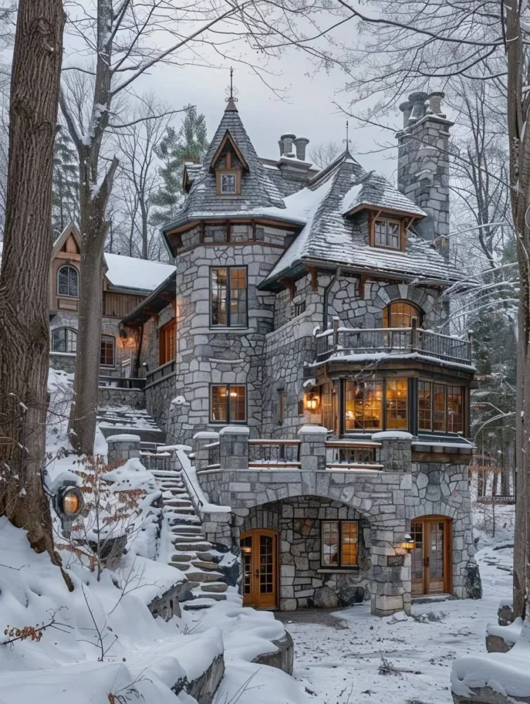 Large stone mountain mansion in a snowy forest.