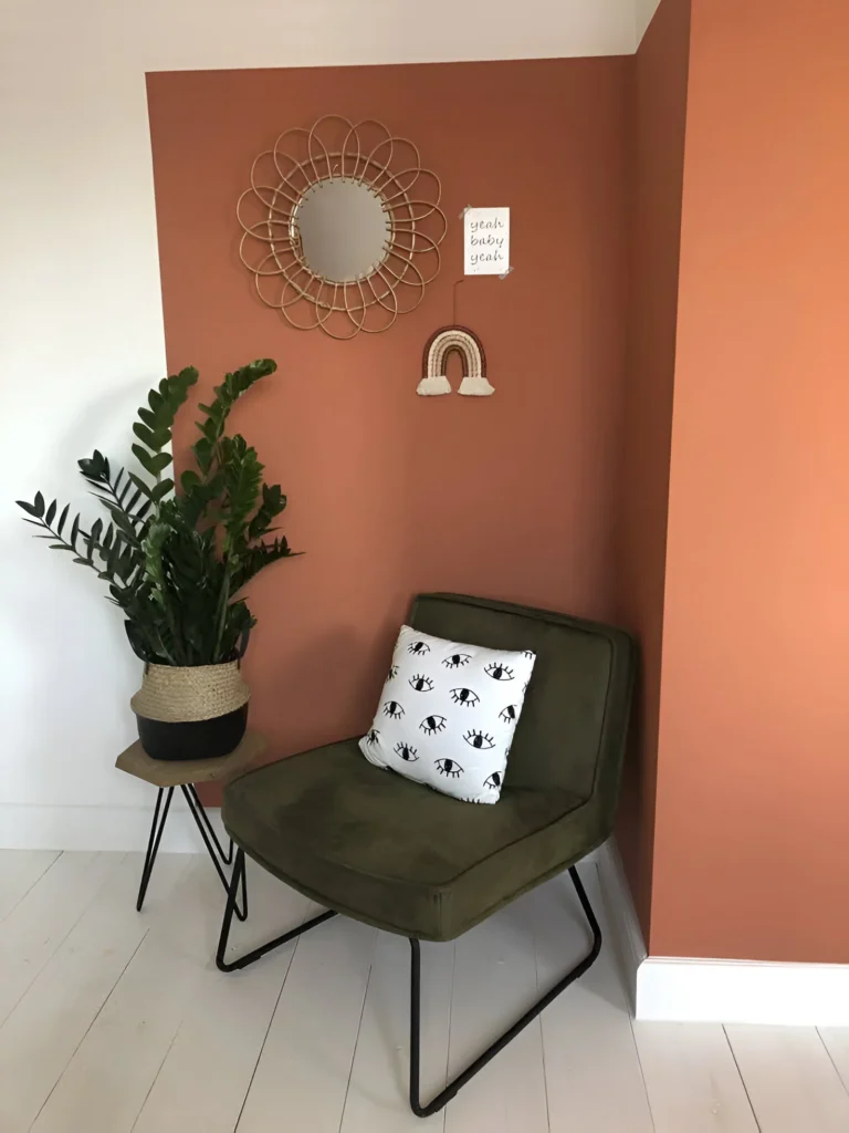 Terracotta accent wall in a cozy corner.