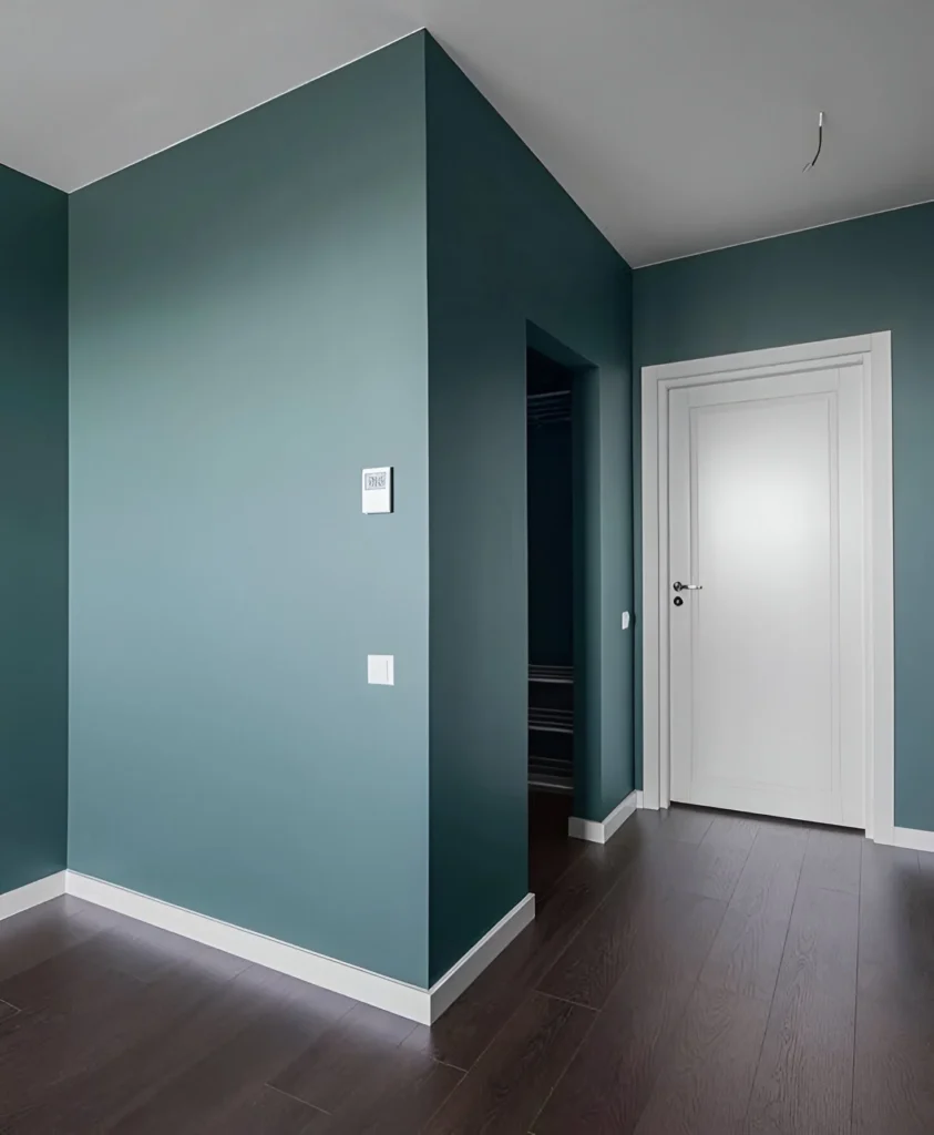 Dark teal accent wall with dark wood flooring - stunning accent wall ideas