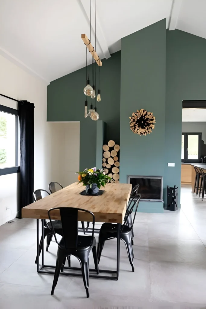 Angled green accent wall in dining area - stunning accent wall ideas