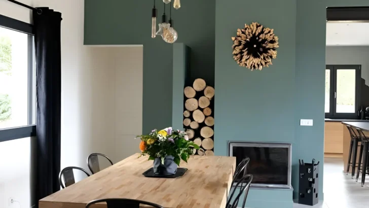 Angled green accent wall in dining area.