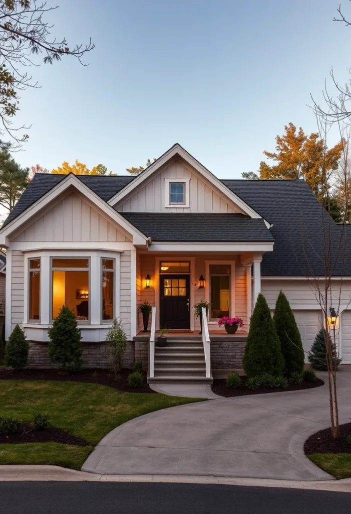 White Suburban Home Exterior with Dark Roof and Porch