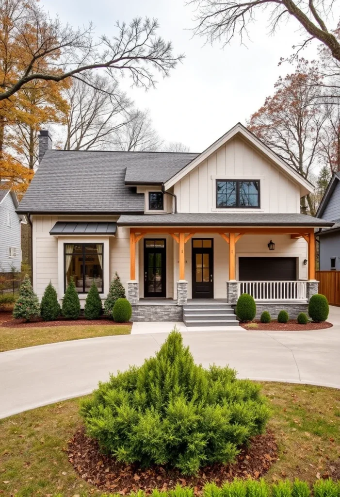 White Modern Farmhouse with Large Porch and Wood Columns