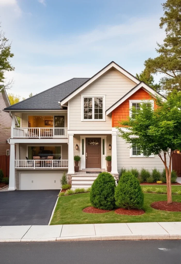 White Home with Terracotta Accent Gable and Balcony