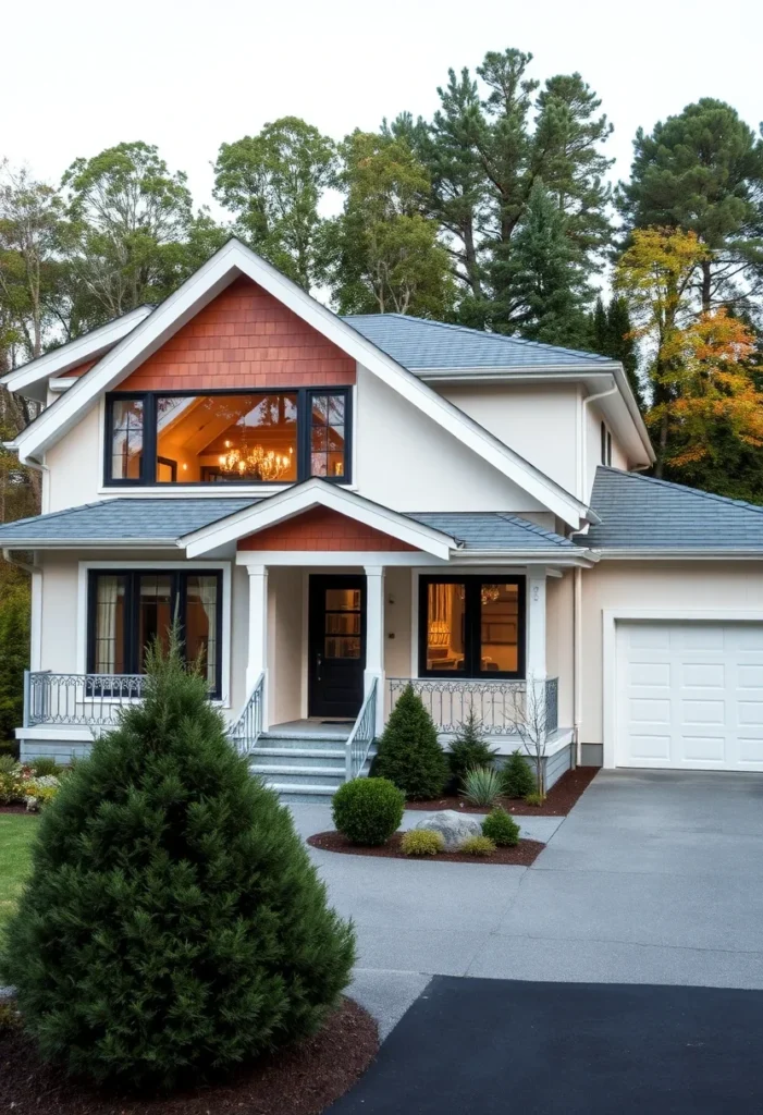 White Stucco Home with Wood Gable Accents