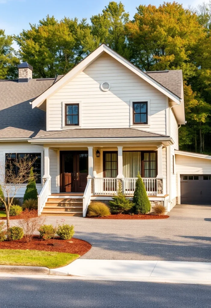 Off-White Home with Brown Doors and Dark Trim