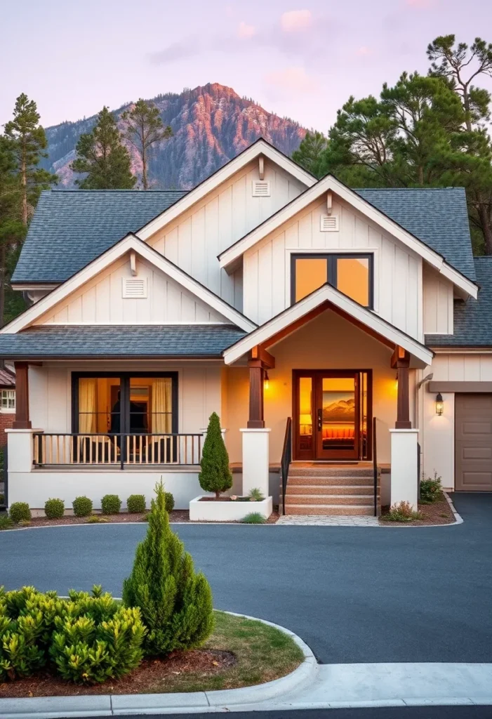 White Home with Multiple Gables and Board and Batten Siding