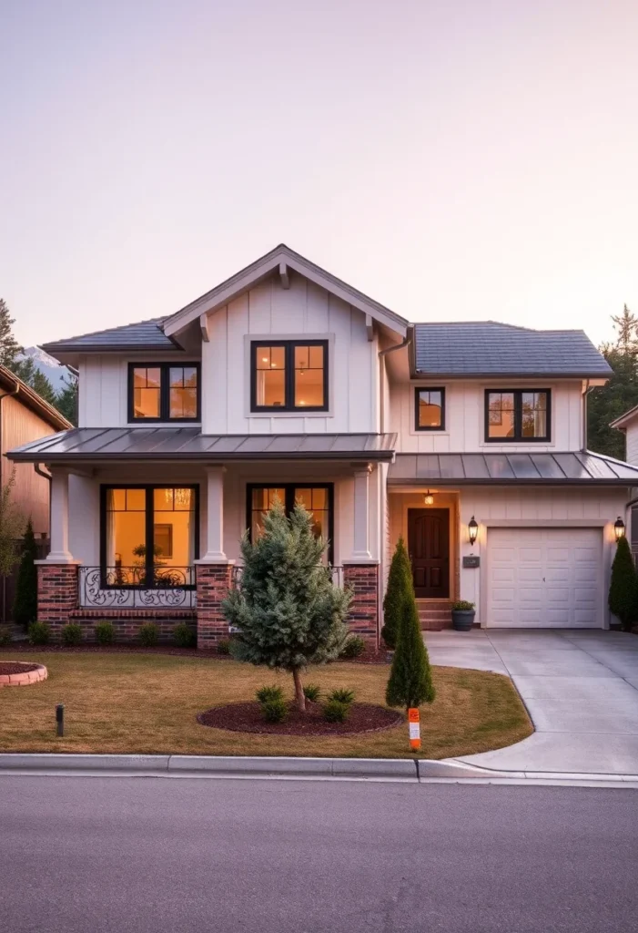 White Home with Board and Batten Siding and Brick Foundation