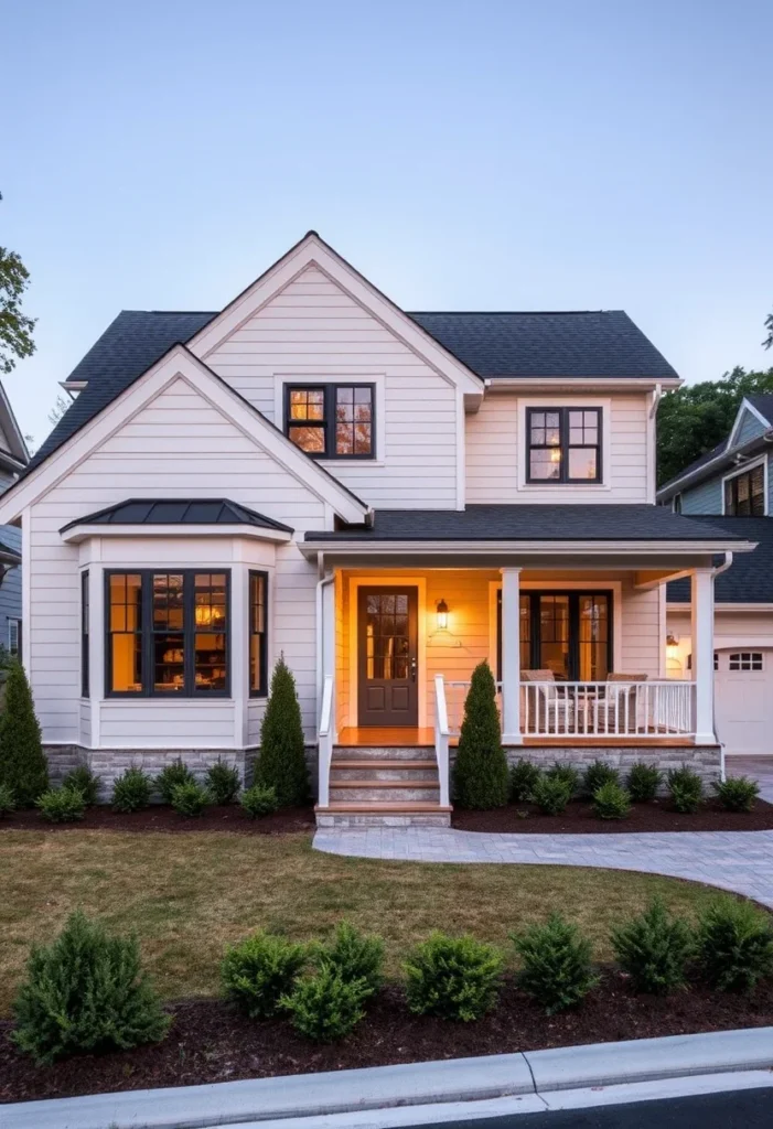 White Home with Covered Porch and Bay Window.