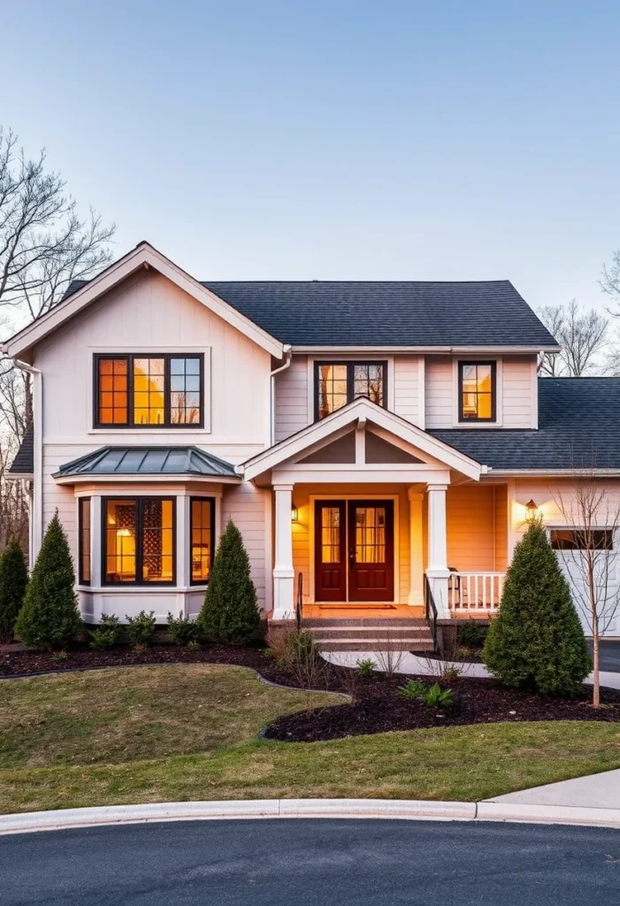 Symmetrical White Home Exterior with Wood Double Doors