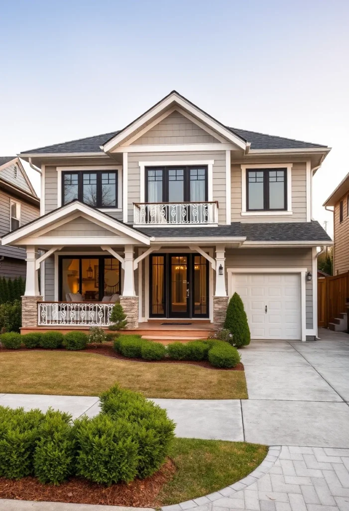 Beige Home Exterior with White Trim and Balcony