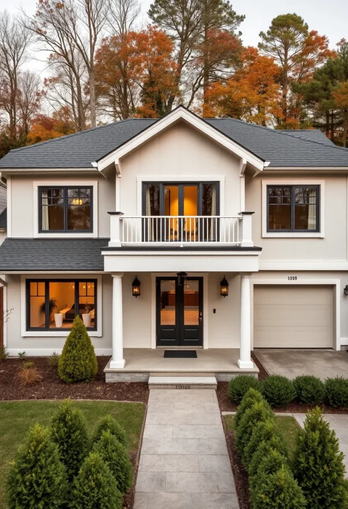 White Home with Balcony and Columned Entry