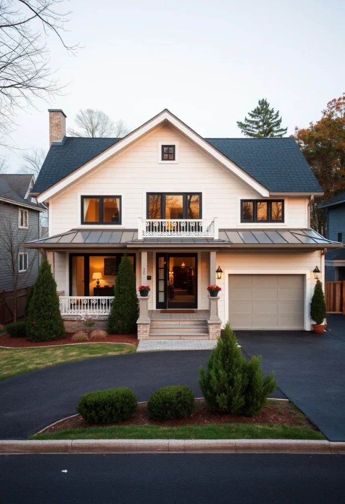 White Farmhouse Style Home with Modern Windows and Porch