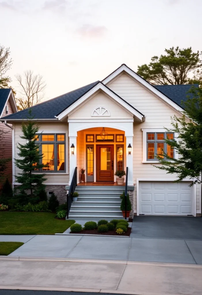 White Home with Welcoming Porch and Wood Door