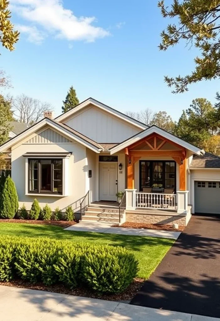 White Home with Wood Accents Gable Roof and Trim.