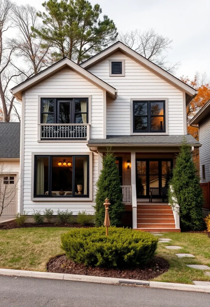 Tall White House with Vertical Siding and Dark Windows