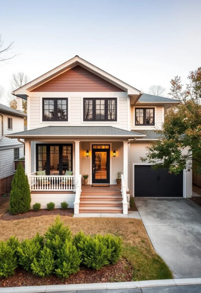 White Home with Mixed Siding and Dark Garage Door