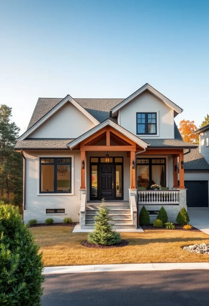 Modern White Farmhouse Exterior with Wood Porch Details