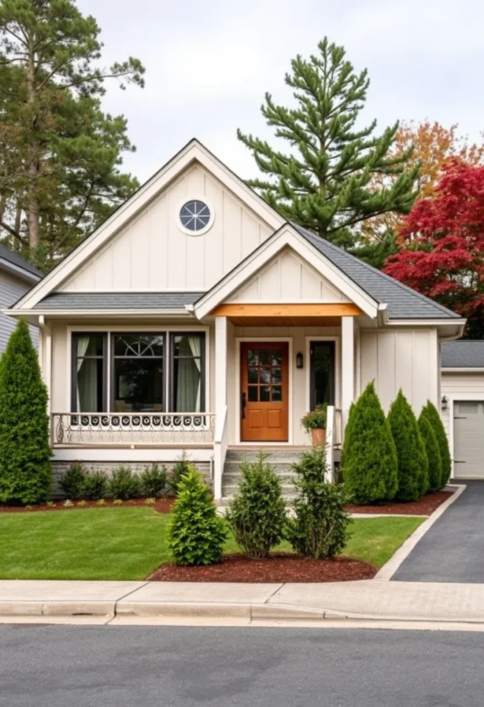 White Cottage-Style Home with Round Window and Wood Accents