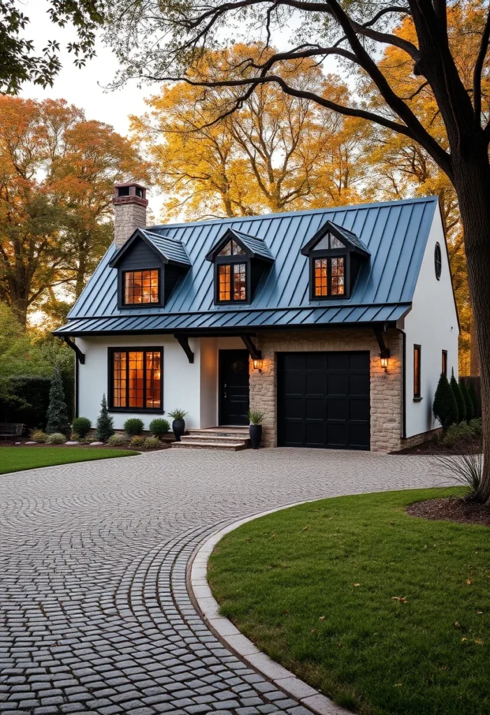 Tiny cottage with white siding, blue roof, and dormer windows.