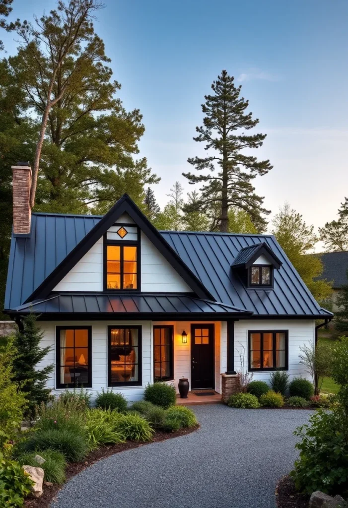 Tiny cottage at dusk with warm interior lighting.