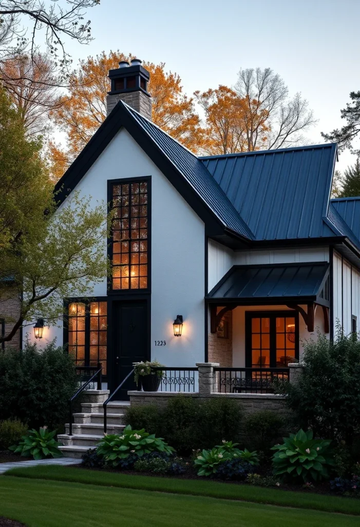 Modern farmhouse tiny cottage with grand entryway and tall windows.