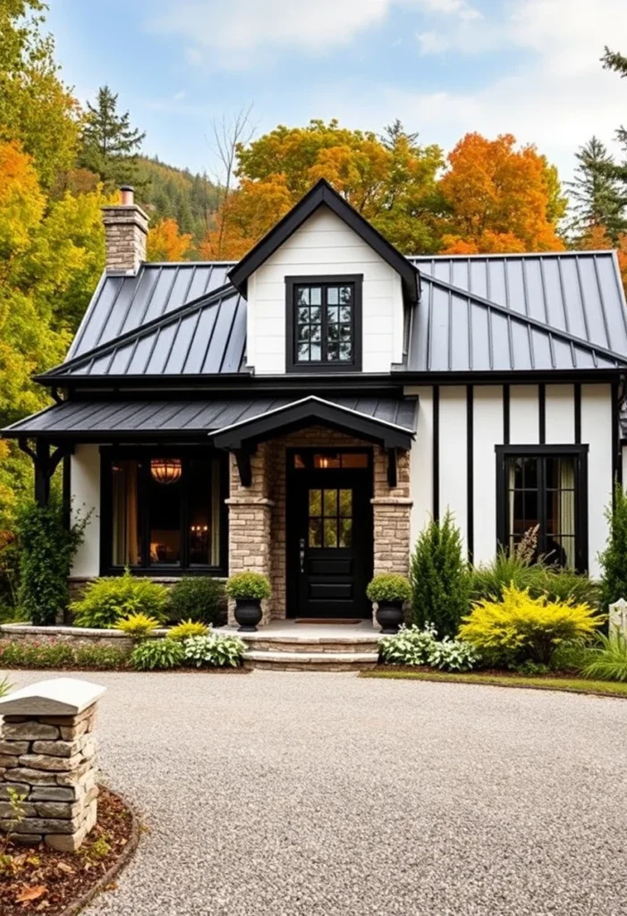 Classic farmhouse tiny cottage with black and white exterior.