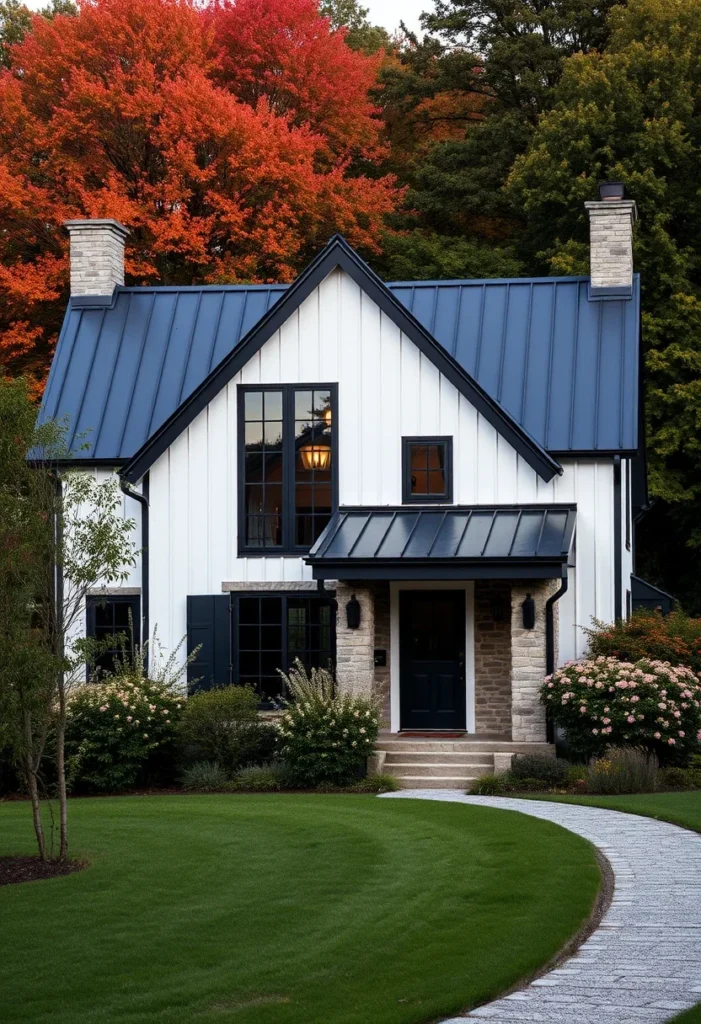 Farmhouse tiny cottage with white exterior, black accents, and dark blue roof.