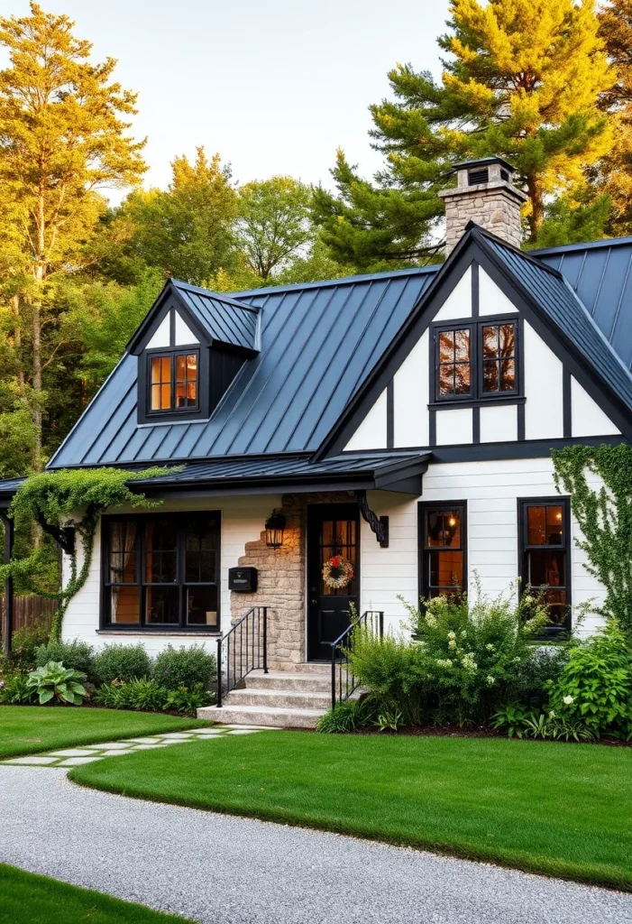 Tiny farmhouse cottage with dormer windows and stone chimney.