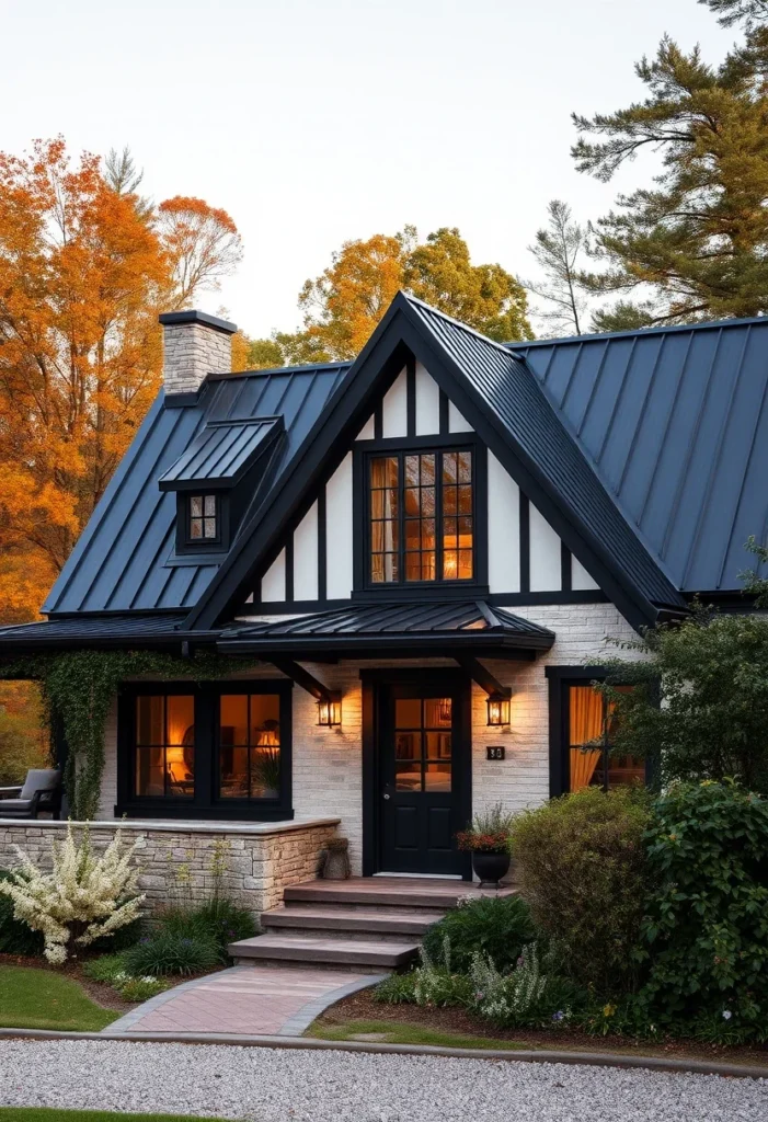 Modern farmhouse tiny cottage with mixed material exterior and metal roof.